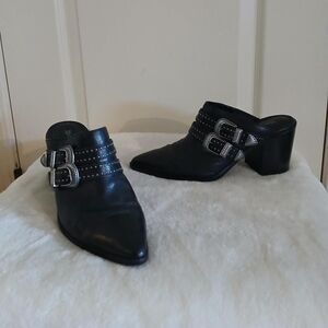 Frye black leather Flynn southwestern belted heeled pointed toe mules 7 boho